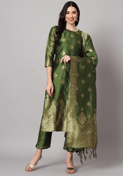 Mehendi Green Woven Cotton Blend Salwar Kameez With Dupatta