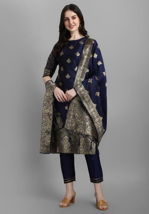 Blue Woven Cotton Blend Salwar Kameez With Dupatta