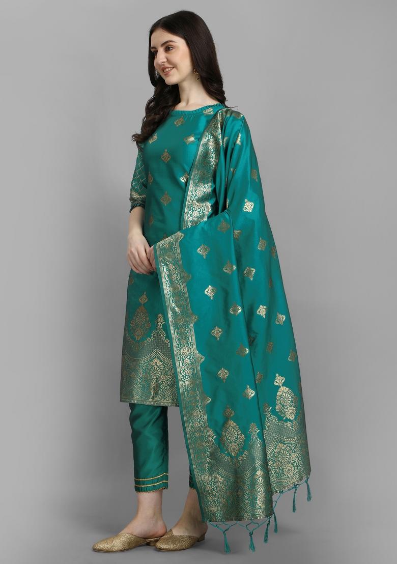 Rama Blue Woven Cotton Blend Salwar Kameez With Dupatta