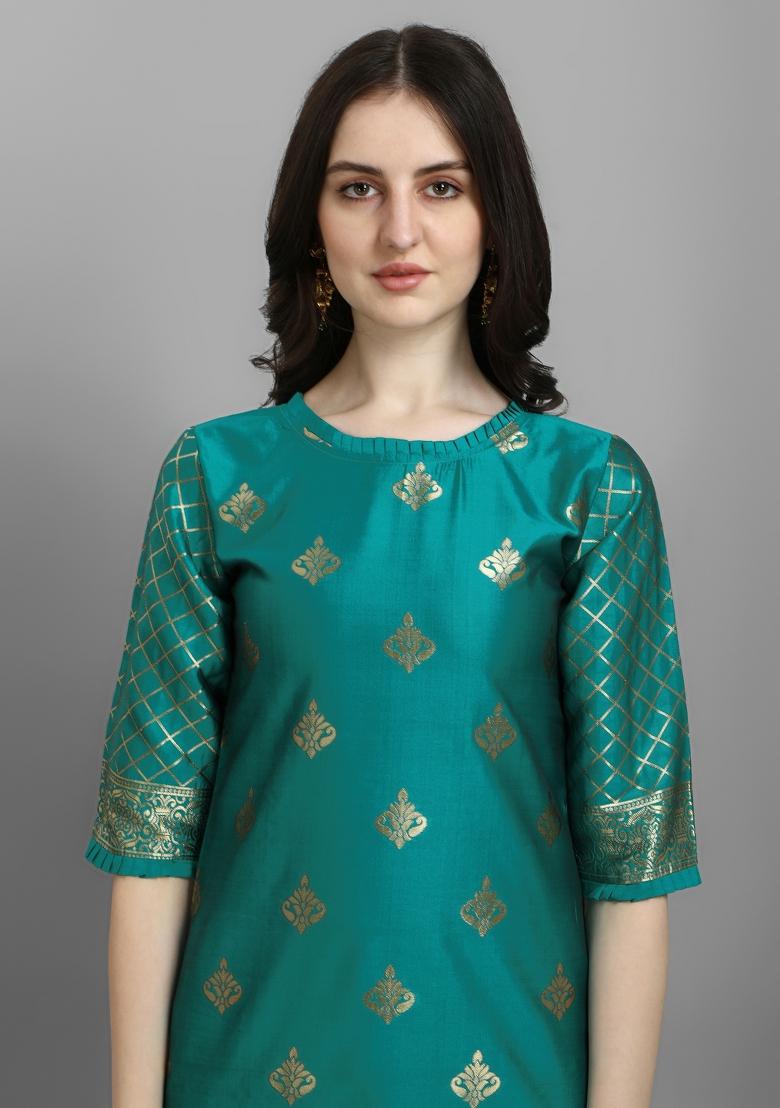 Rama Blue Woven Cotton Blend Salwar Kameez With Dupatta