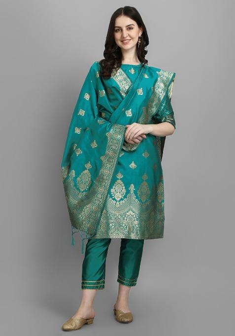 Rama Blue Woven Cotton Blend Salwar Kameez With Dupatta