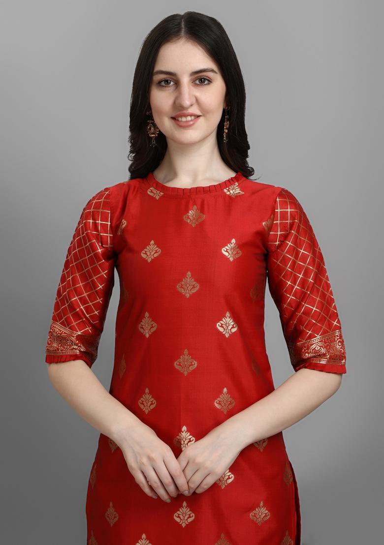 Red Woven Cotton Blend Salwar Kameez With Dupatta