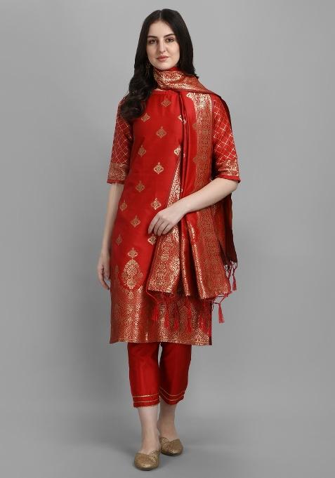 Red Woven Cotton Blend Salwar Kameez With Dupatta