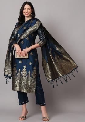 Blue Woven Cotton Blend Salwar Kameez With Dupatta