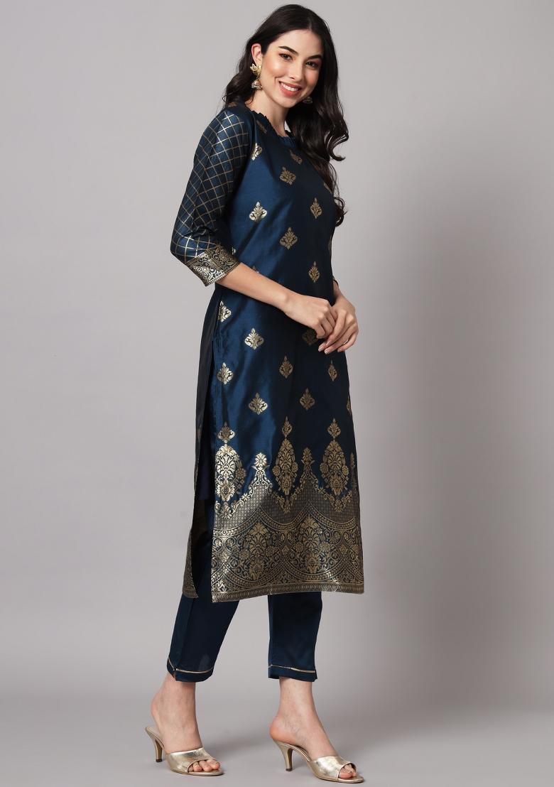 Blue Woven Cotton Blend Salwar Kameez With Dupatta