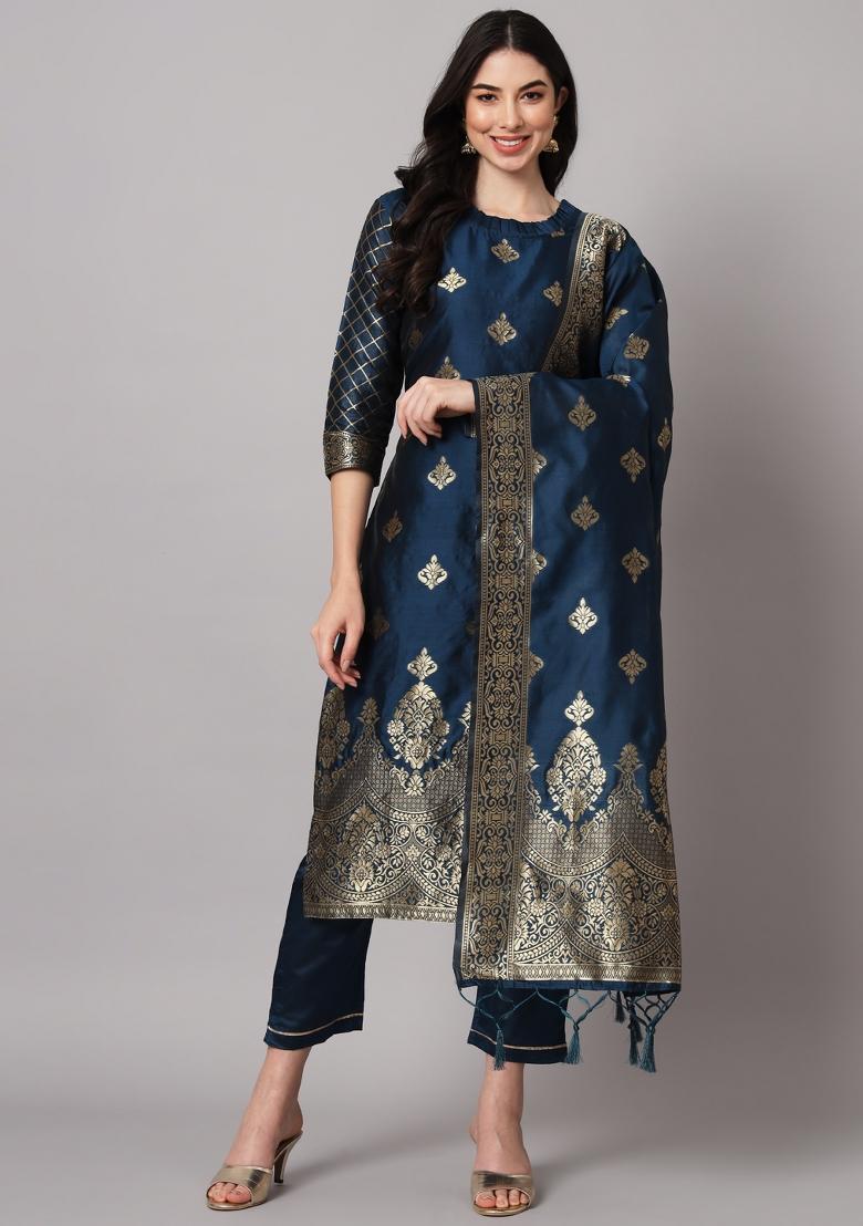 Blue Woven Cotton Blend Salwar Kameez With Dupatta