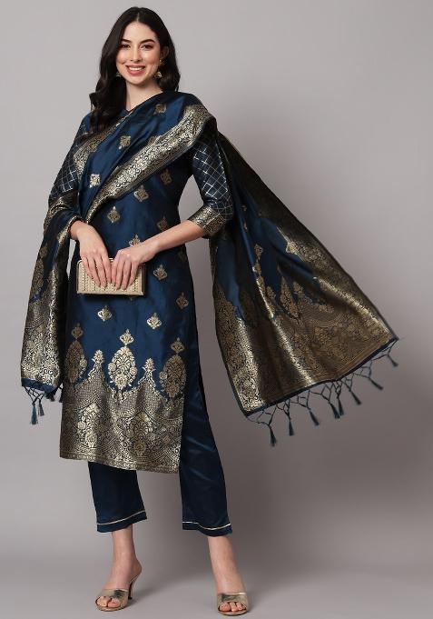 Blue Woven Cotton Blend Salwar Kameez With Dupatta