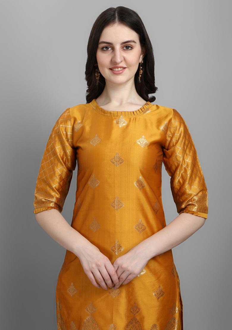 Yellow Woven Cotton Blend Salwar Kameez With Dupatta