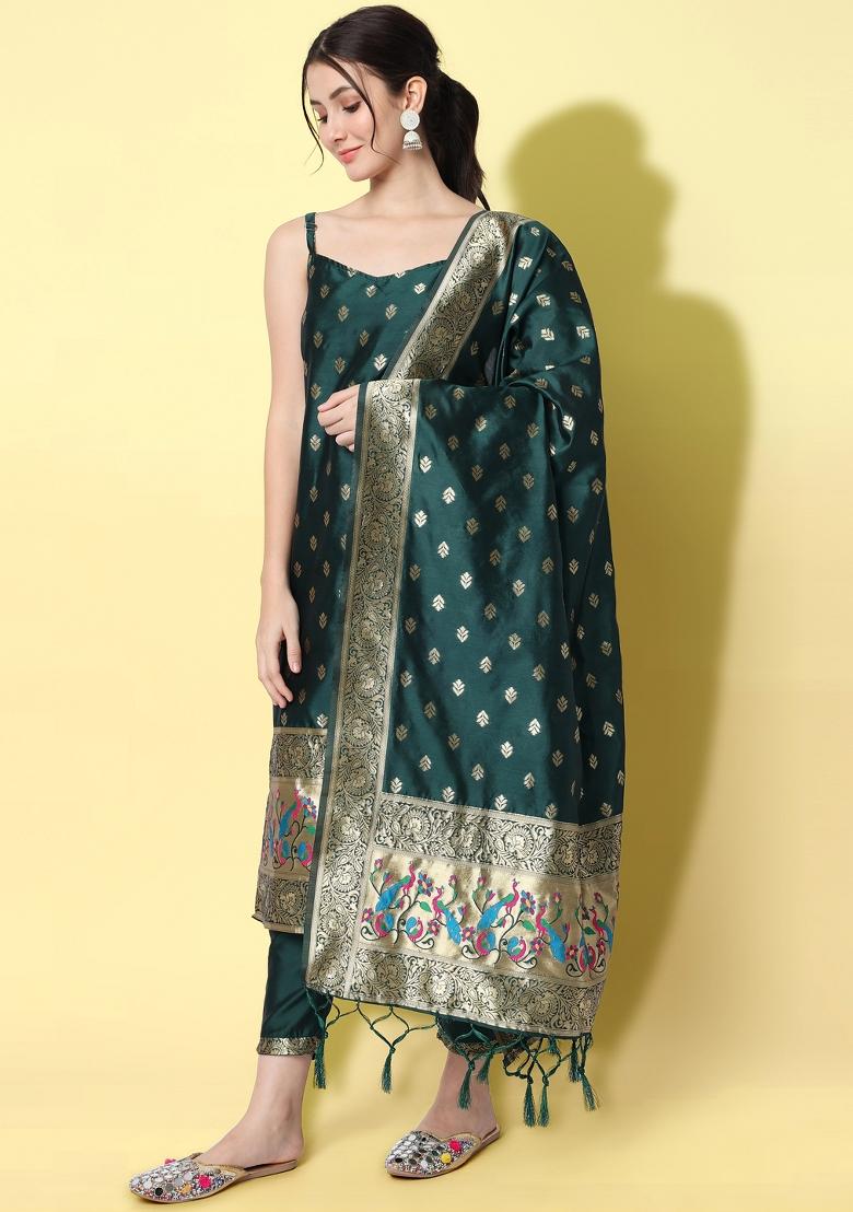 Green Woven Cotton Blend Salwar Kameez With Dupatta