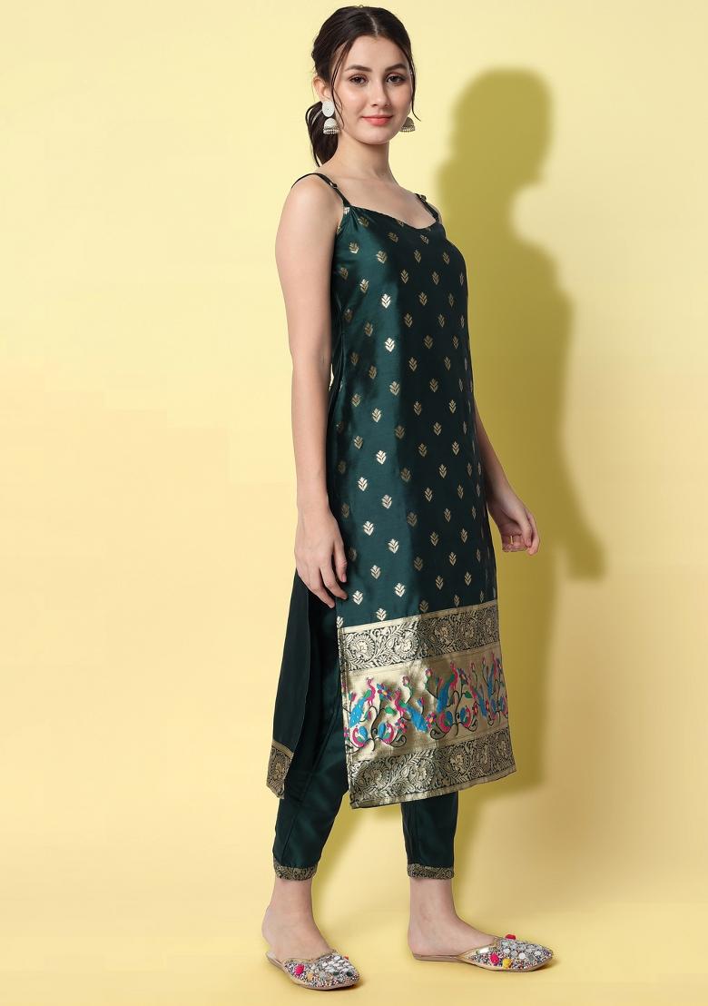 Green Woven Cotton Blend Salwar Kameez With Dupatta