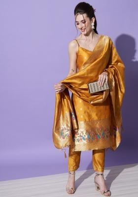 Mustard Yellow Woven Cotton Blend Salwar Kameez With Dupatta