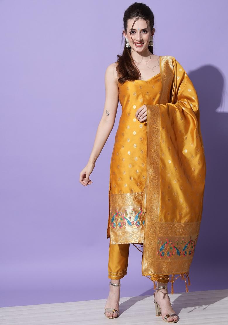 Mustard Yellow Woven Cotton Blend Salwar Kameez With Dupatta