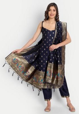 Blue Woven Cotton Blend Salwar Kameez With Dupatta