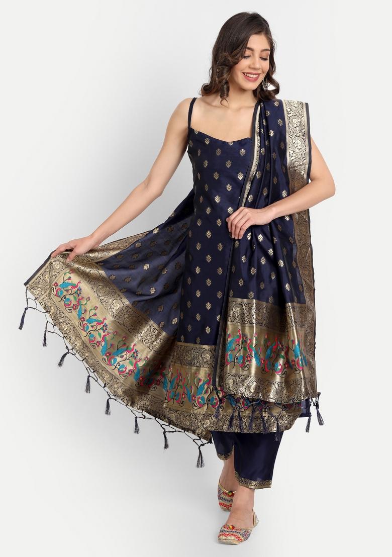 Blue Woven Cotton Blend Salwar Kameez With Dupatta