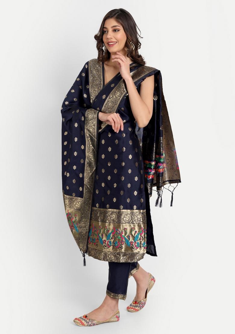 Blue Woven Cotton Blend Salwar Kameez With Dupatta