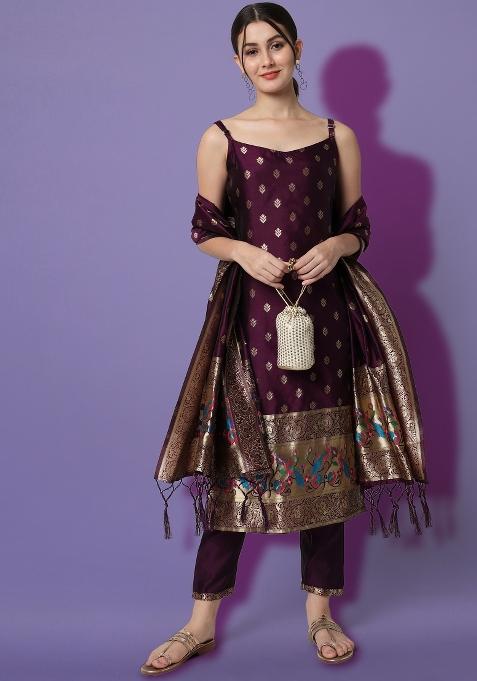 Purple Woven Cotton Blend Salwar Kameez With Dupatta