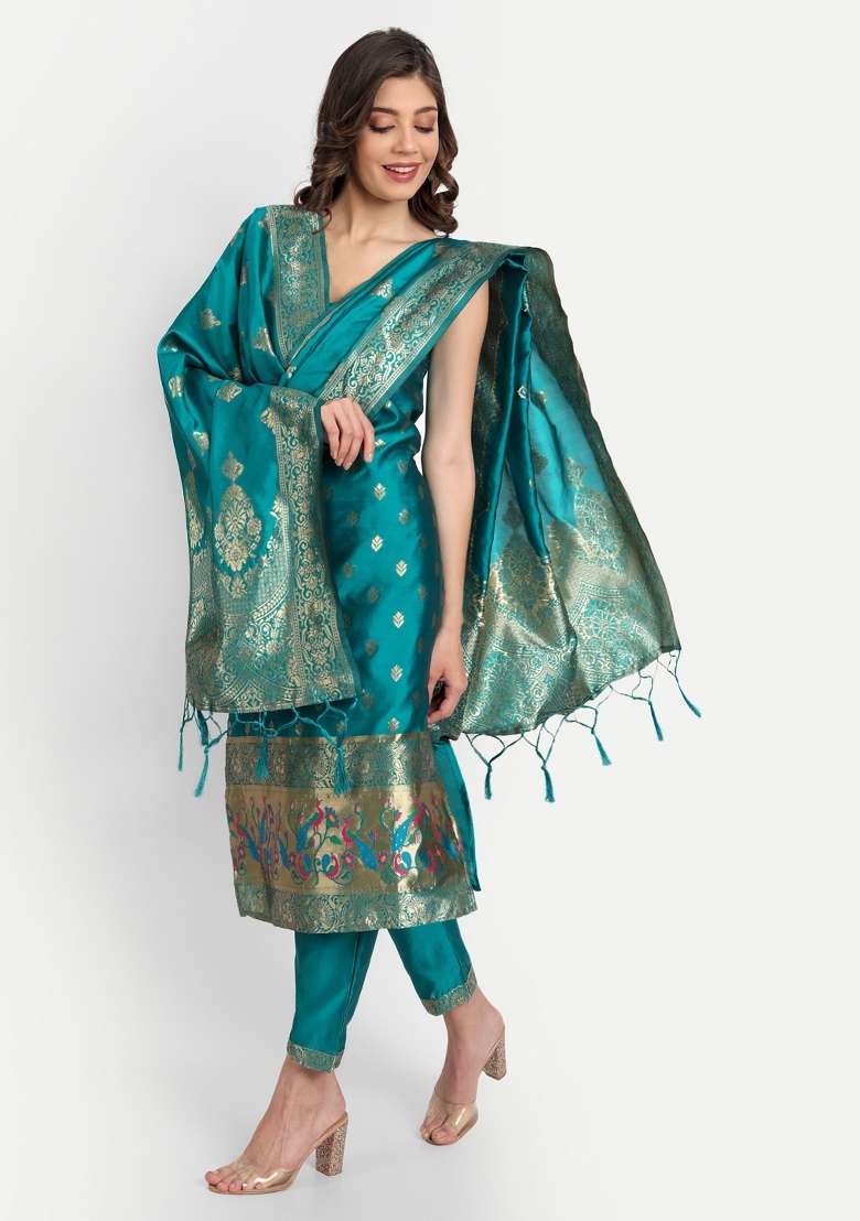 Rama Blue Jacquard Cotton Straight Kurta Set - Indya