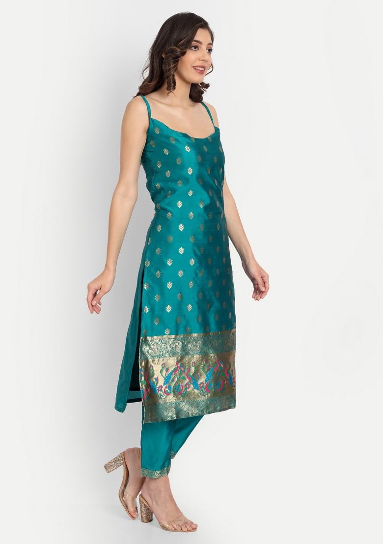 Rama Blue Woven Cotton Blend Salwar Kameez With Dupatta