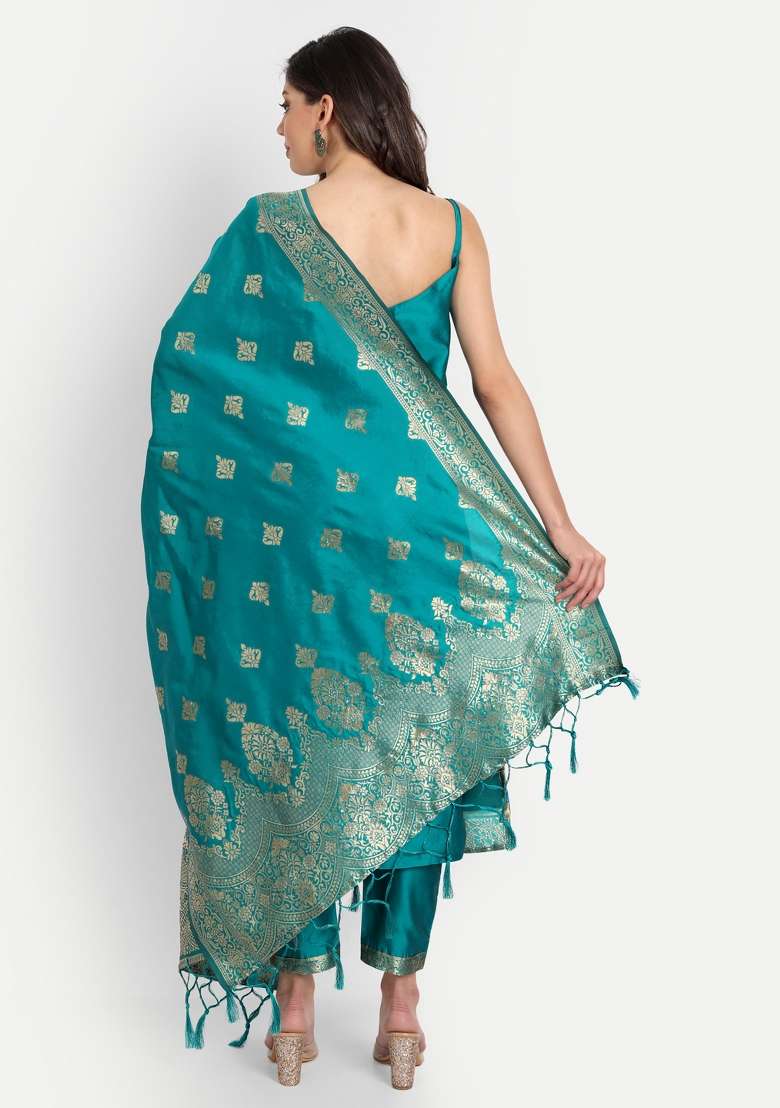 Rama Blue Jacquard Cotton Straight Kurta Set - Indya