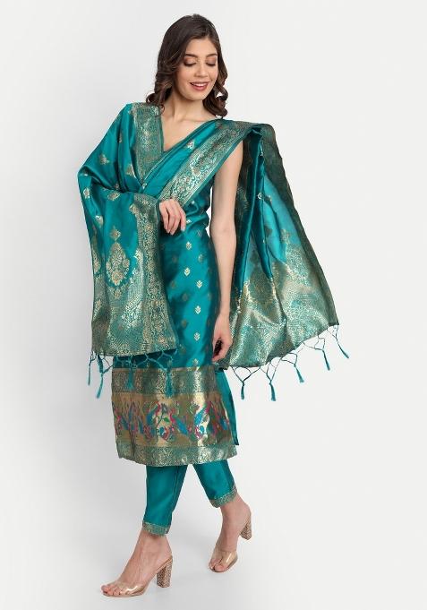 Rama Blue Woven Cotton Blend Salwar Kameez With Dupatta