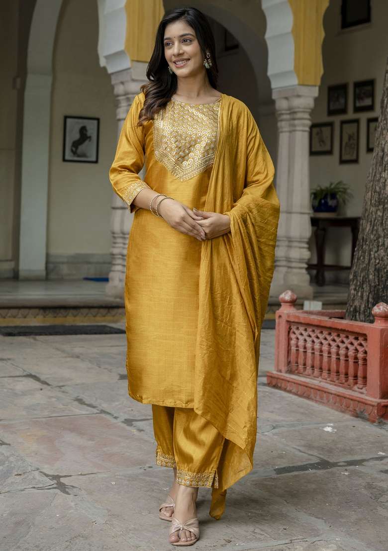 Mustard Yellow Embroidered Cotton Straight Kurta Set - Indya