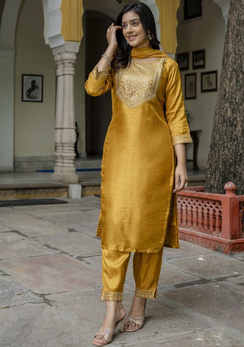 Mustard Yellow Embroidered Cotton Blend Salwar Kameez With Dupatta