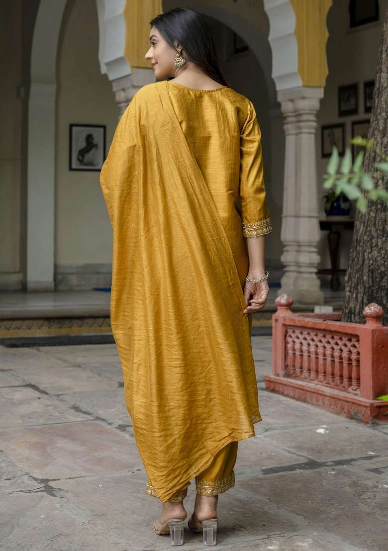 Mustard Yellow Embroidered Cotton Straight Kurta Set - Indya