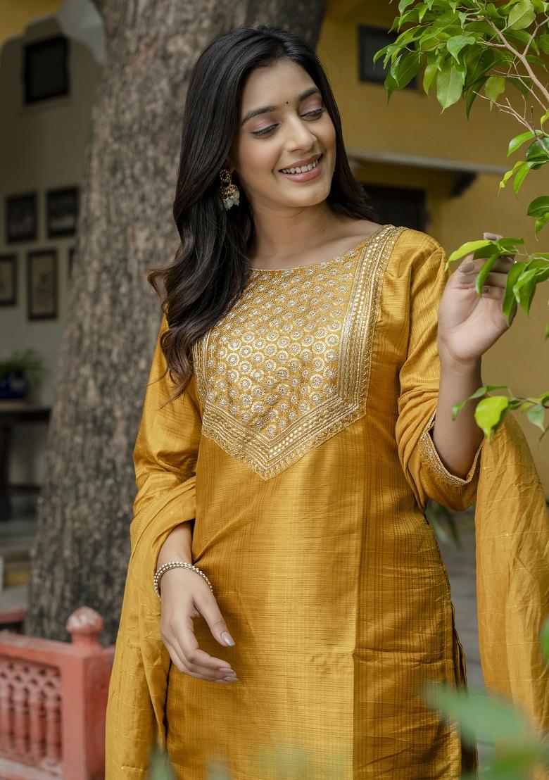 Mustard Yellow Embroidered Cotton Blend Salwar Kameez With Dupatta