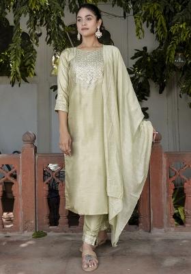 Pista Green Embroidered Cotton Blend Salwar Kameez With Dupatta