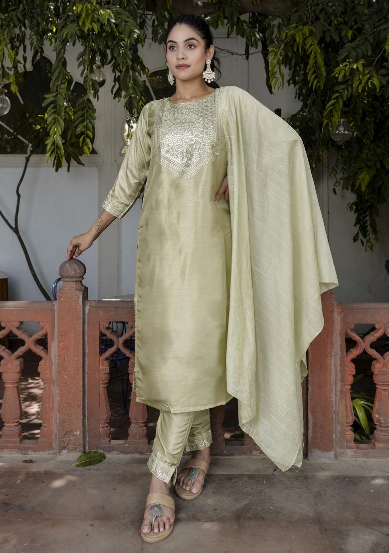 Pista Green Embroidered Cotton Blend Salwar Kameez With Dupatta