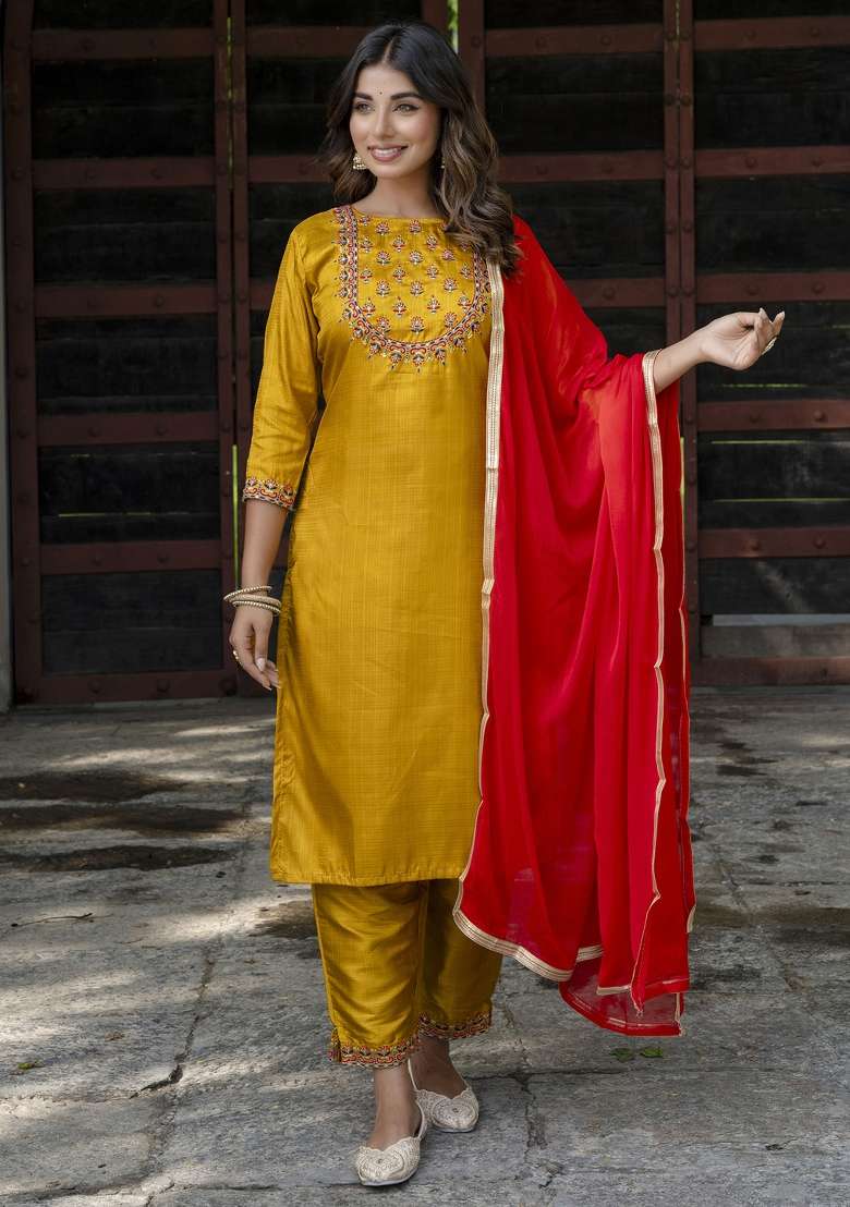 Mustard Yellow Embroidered Cotton Straight Kurta Set - Indya