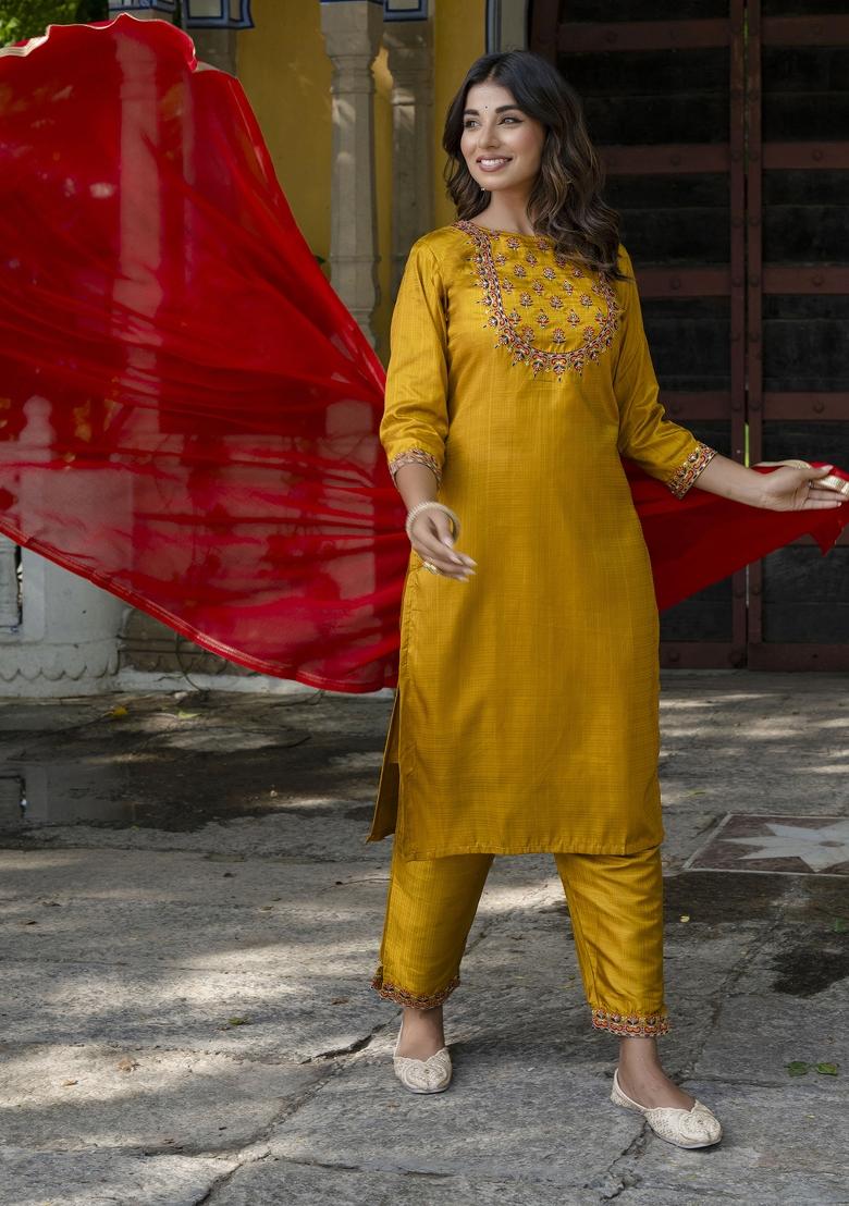 Mustard Yellow Embroidered Cotton Blend Salwar Kameez With Dupatta