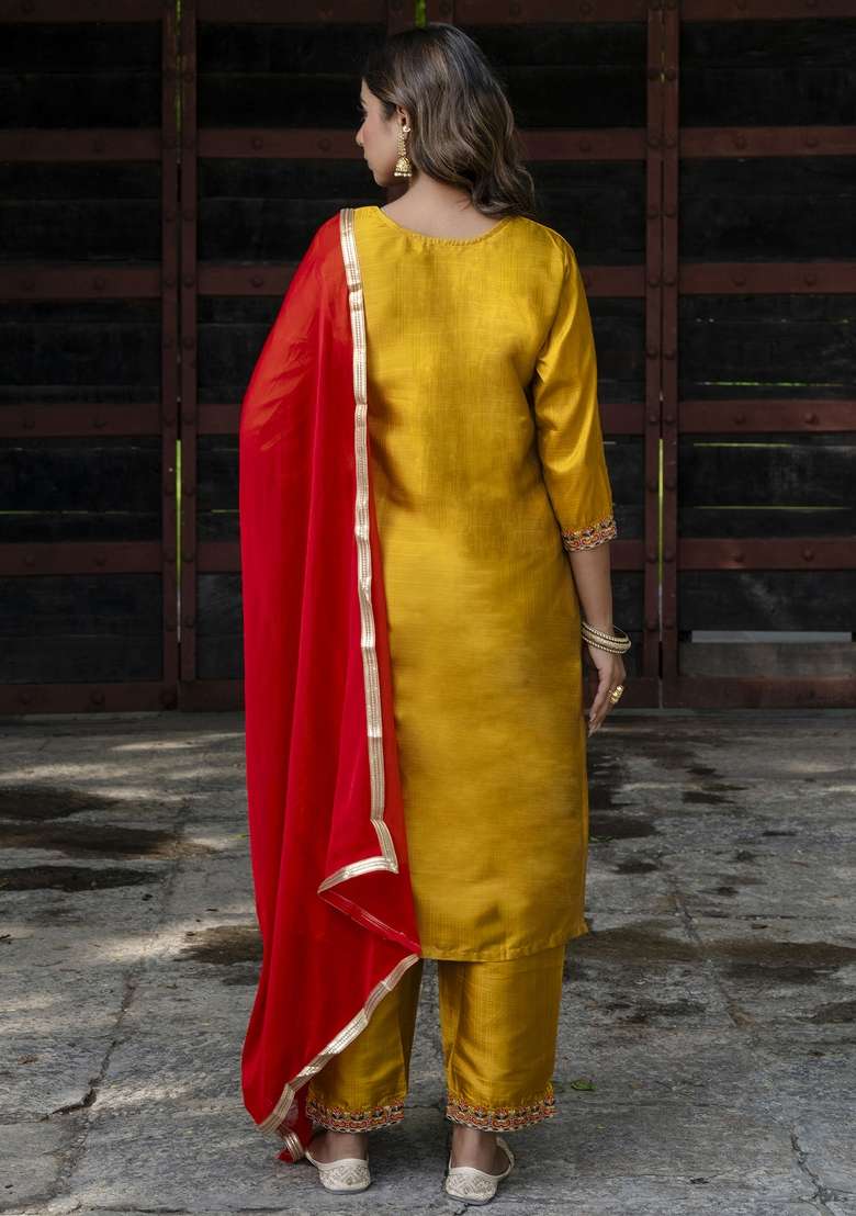 Mustard Yellow Embroidered Cotton Straight Kurta Set - Indya