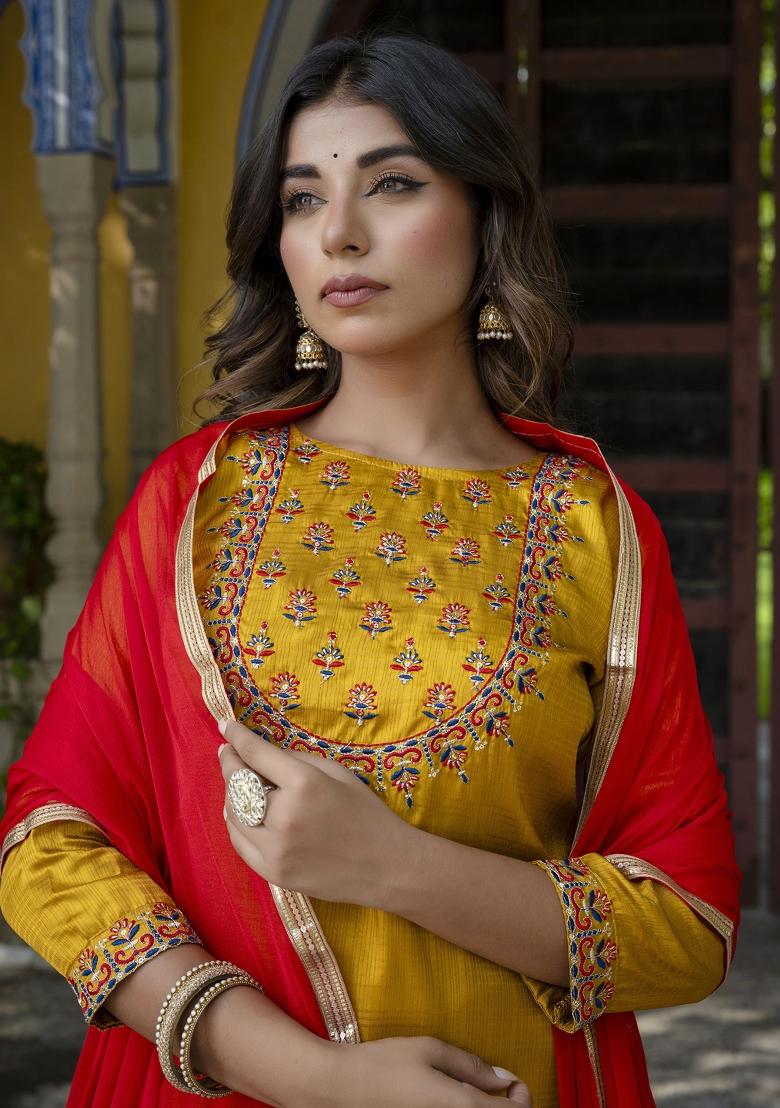 Mustard Yellow Embroidered Cotton Blend Salwar Kameez With Dupatta