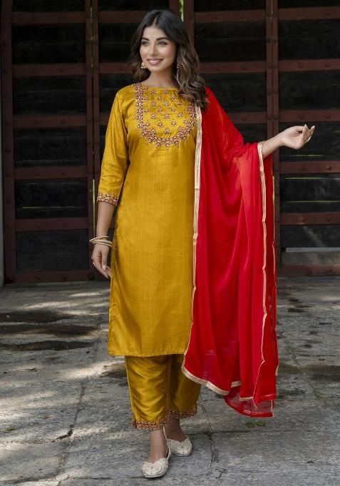 Mustard Yellow Embroidered Cotton Straight Kurta Set