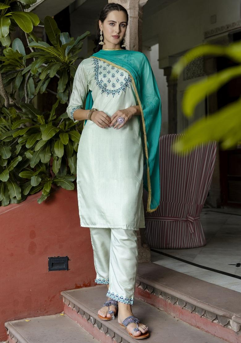 Blue Embroidered Cotton Blend Salwar Kameez With Dupatta