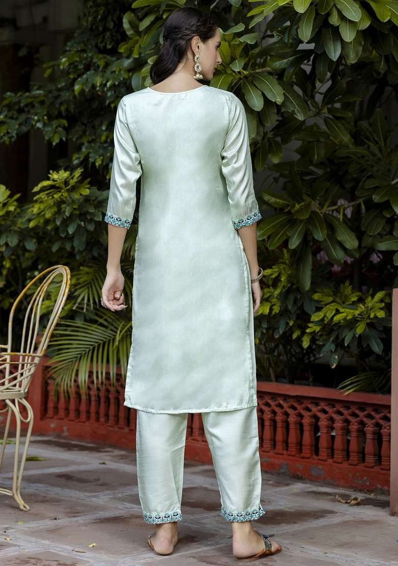 Blue Embroidered Blended Straight Kurta Set - Indya