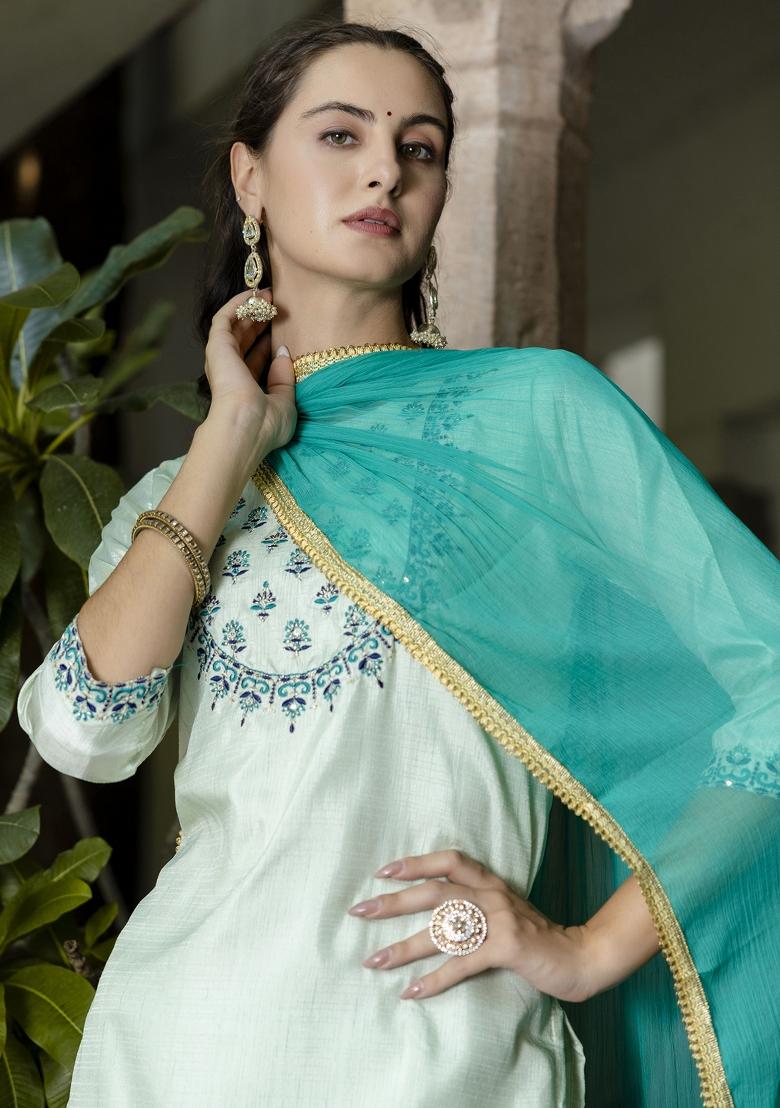 Blue Embroidered Cotton Blend Salwar Kameez With Dupatta