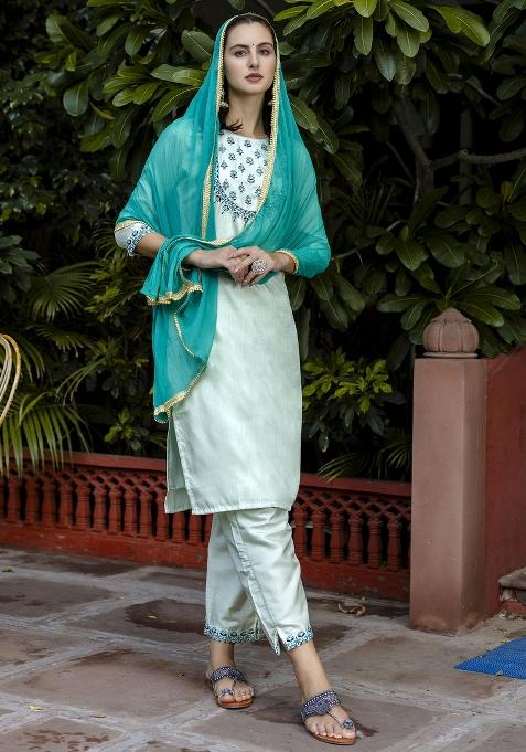 Blue Embroidered Cotton Blend Salwar Kameez With Dupatta