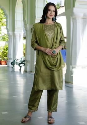 Mehendi Green Embroidered Silk Salwar Kameez With Dupatta