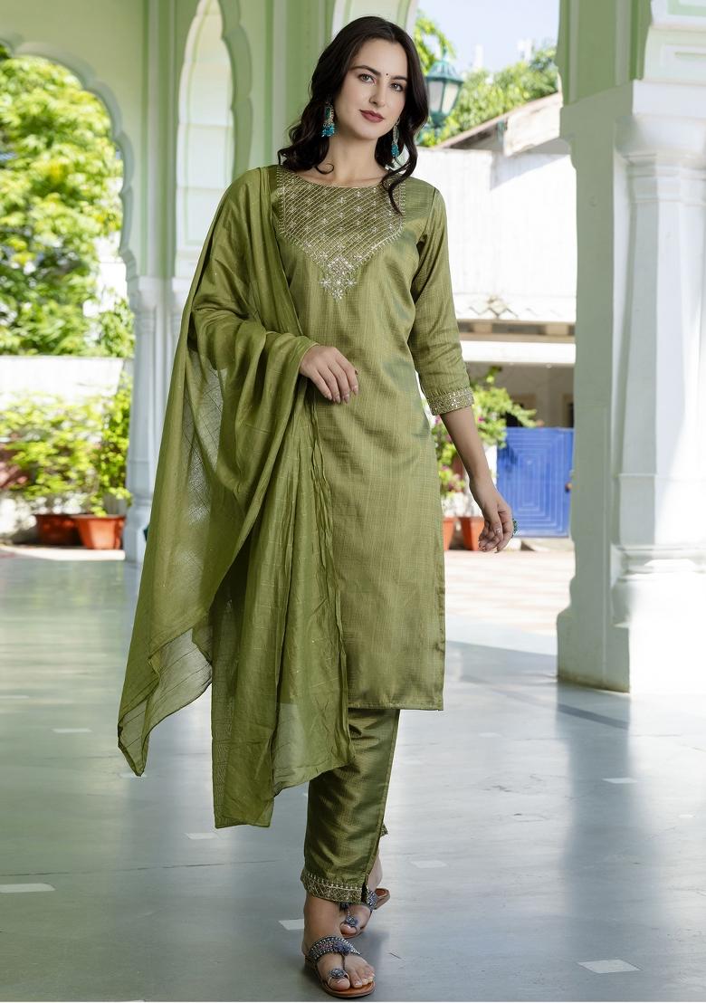 Mehendi Green Embroidered Silk Salwar Kameez With Dupatta