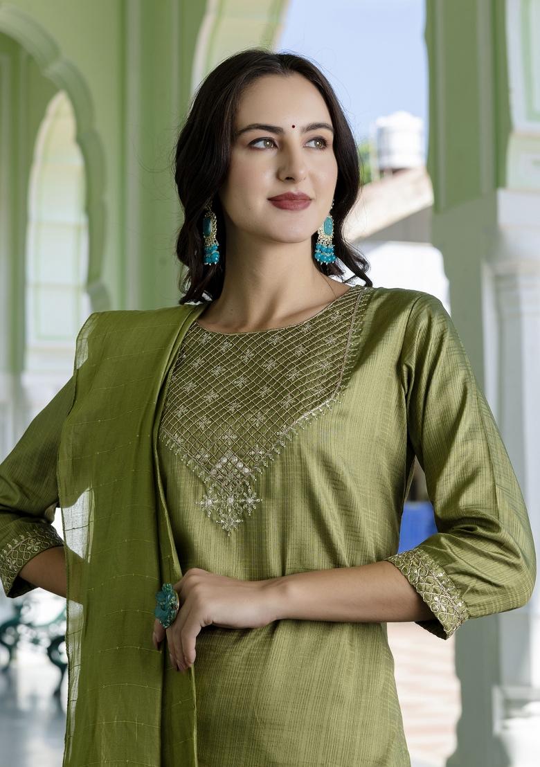 Mehendi Green Embroidered Silk Salwar Kameez With Dupatta