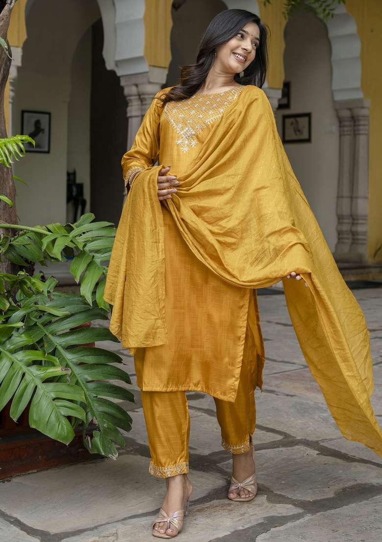 Mustard Yellow Embroidered Silk Blend Straight Kurta Set - Indya