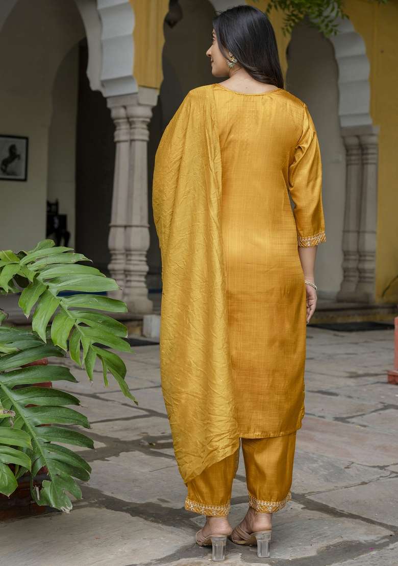 Mustard Yellow Embroidered Silk Blend Straight Kurta Set - Indya