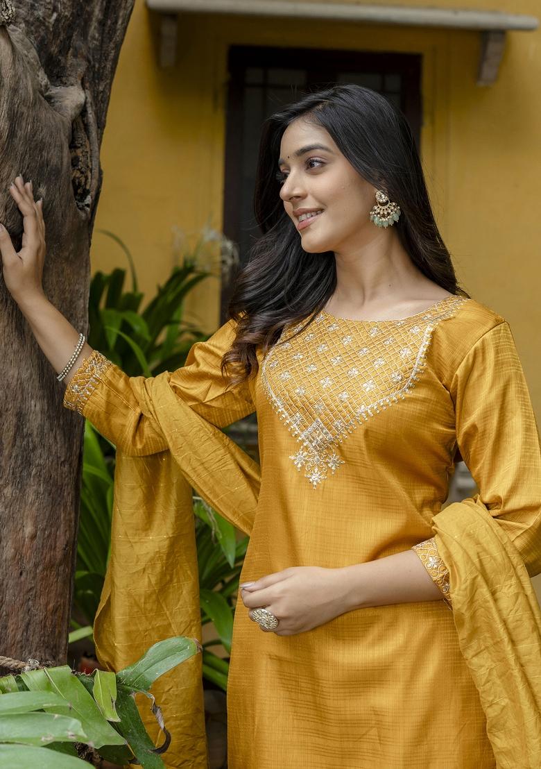 Mustard Yellow Embroidered Silk Salwar Kameez With Dupatta