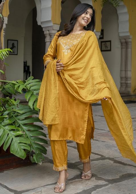 Mustard Yellow Embroidered Silk Straight Kurta Set