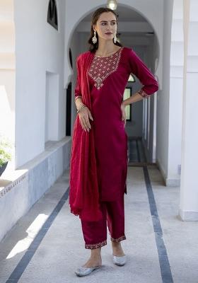 Red Embroidered Silk Salwar Kameez With Dupatta
