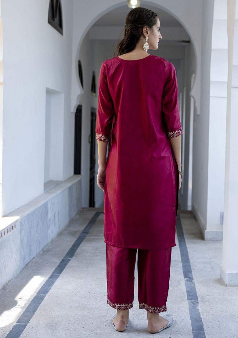 Red Embroidered Silk Salwar Kameez With Dupatta