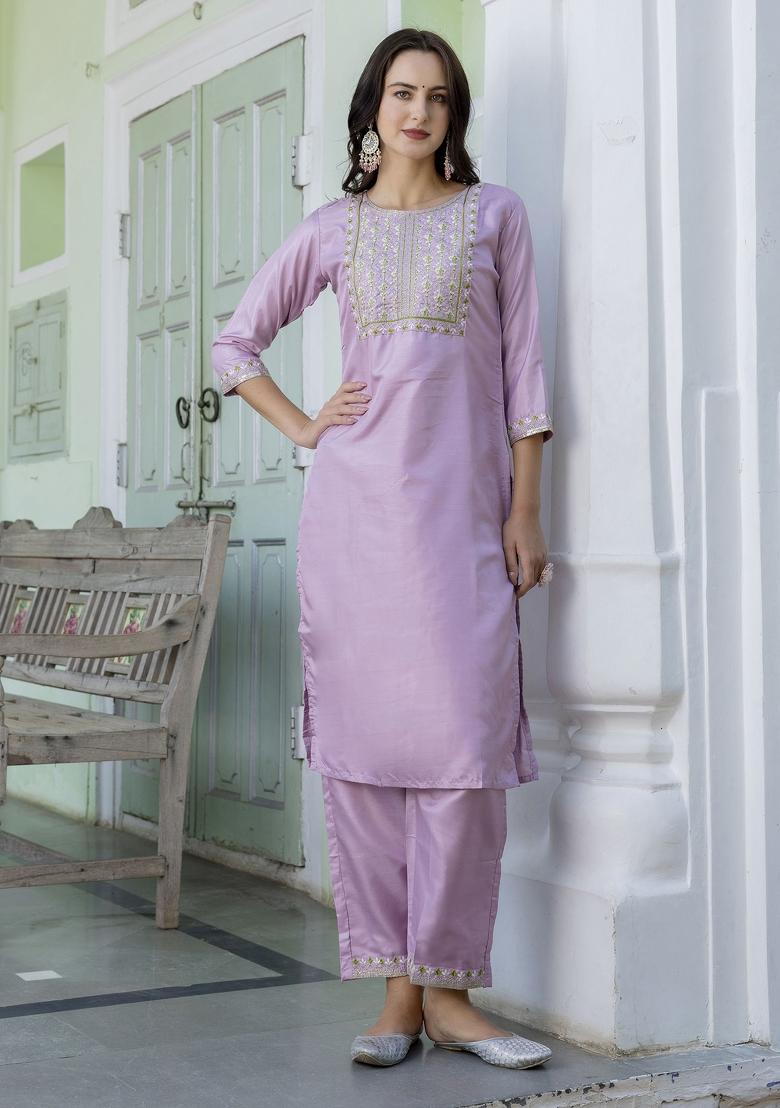 Lavender Embroidered Silk Blend Salwar Kameez With Dupatta
