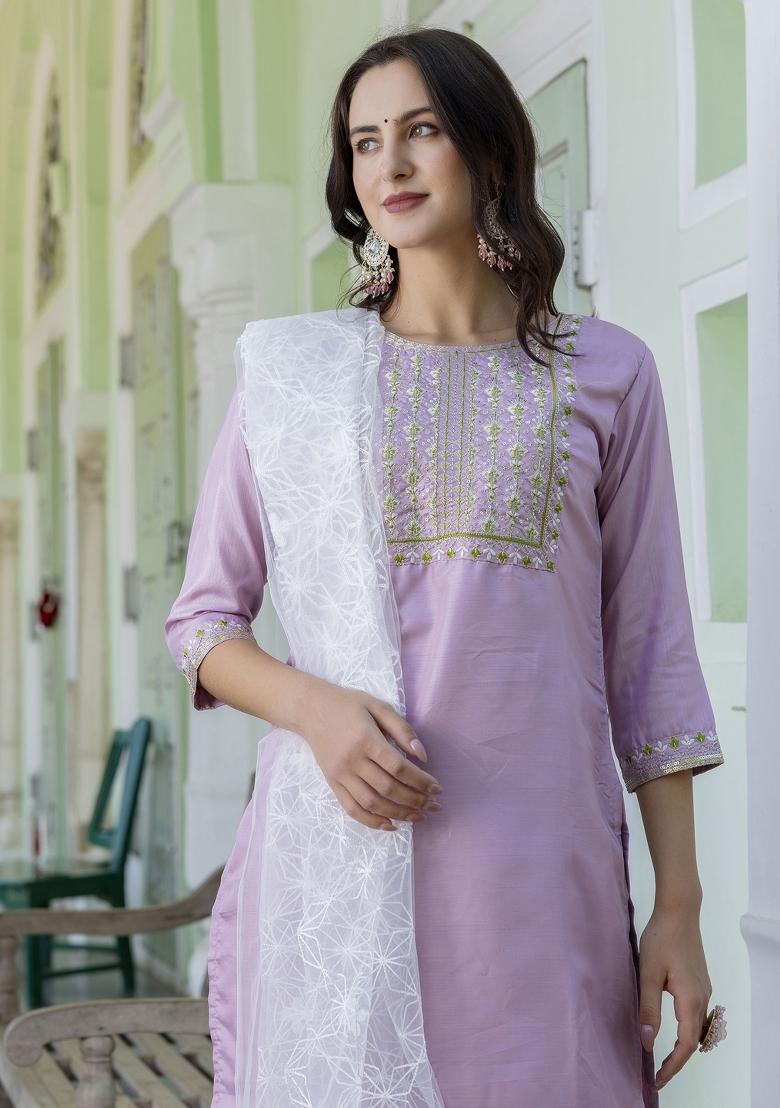 Lavender Embroidered Silk Blend Salwar Kameez With Dupatta